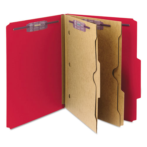 6-section Pressboard Top Tab Pocket-style Classification Folders With Safeshield Fasteners, 2 Dividers, Letter, Red, 10-box