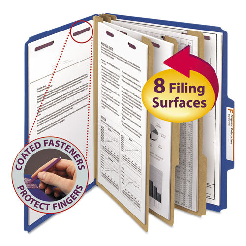 Eight-section Pressboard Top Tab Classification Folders With Safeshield Fasteners, 3 Dividers, Letter Size, Dark Blue, 10-box