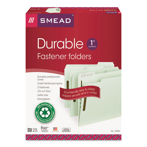 100% Recycled Pressboard Fastener Folders, Letter Size, Gray-green, 25-box