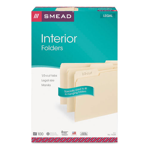 Interior File Folders, 1-3-cut Tabs, Legal Size, Manila, 100-box