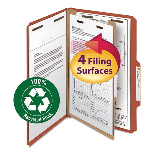 100% Recycled Pressboard Classification Folders, 1 Divider, Legal Size, Red, 10-box