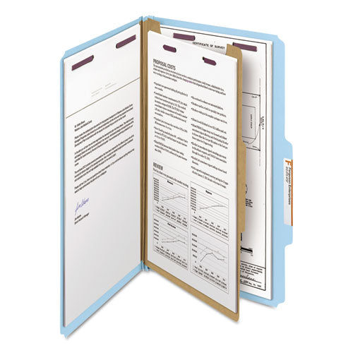 Four-section Pressboard Top Tab Classification Folders With Safeshield Fasteners, 1 Divider, Legal Size, Blue, 10-box