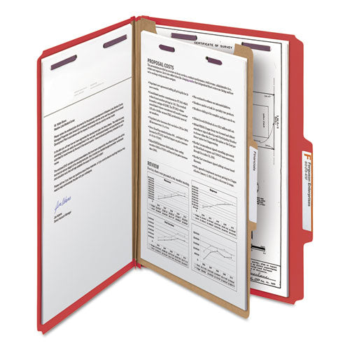 Four-section Pressboard Top Tab Classification Folders With Safeshield Fasteners, 1 Divider, Legal Size, Bright Red, 10-box