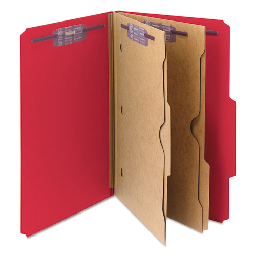 6-section Pressboard Top Tab Pocket-style Classification Folders With Safeshield Fasteners, 2 Dividers, Legal, Red, 10-bx