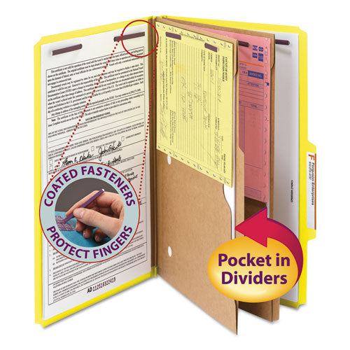 6-section Pressboard Top Tab Pocket-style Classification Folders With Safeshield Fasteners, 2 Dividers, Legal, Yellow, 10-bx