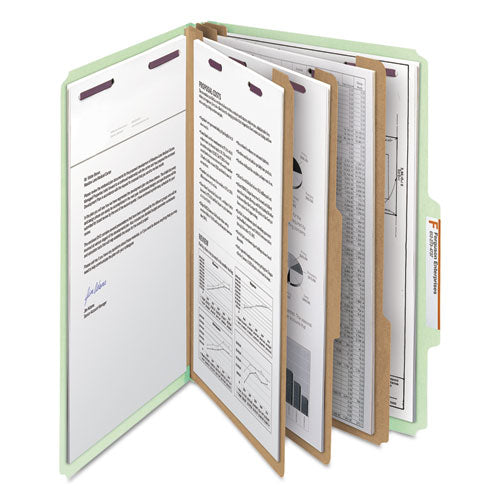 Pressboard Classification Folders With Safeshield Coated Fasteners, 2-5 Cut, 3 Dividers, Legal Size, Gray-green, 10-box