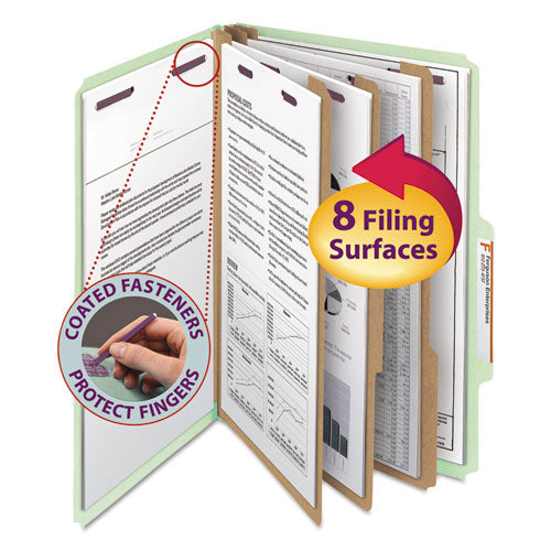 Pressboard Classification Folders With Safeshield Coated Fasteners, 2-5 Cut, 3 Dividers, Legal Size, Gray-green, 10-box
