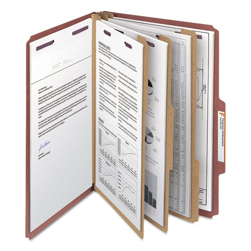 Pressboard Classification Folders With Safeshield Coated Fasteners, 2-5 Cut, 3 Dividers, Legal Size, Red, 10-box