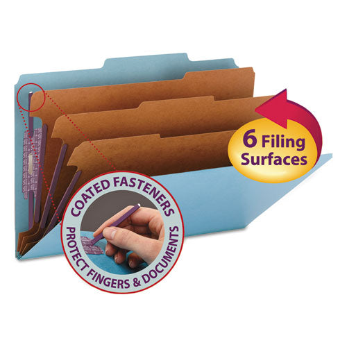 Eight-section Pressboard Top Tab Classification Folders With Safeshield Fasteners, 3 Dividers, Legal Size, Blue, 10-box