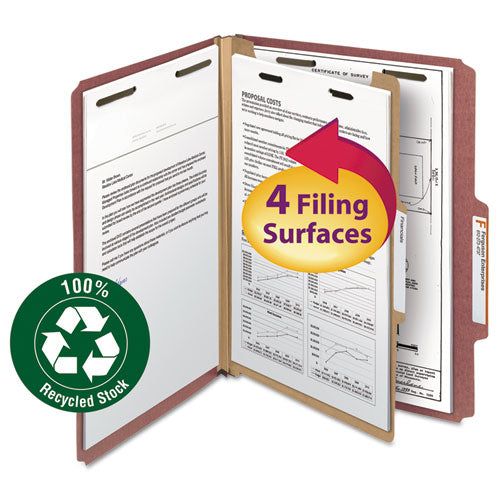 100% Recycled Pressboard Classification Folders, 3 Dividers, Legal Size, Red, 10-box