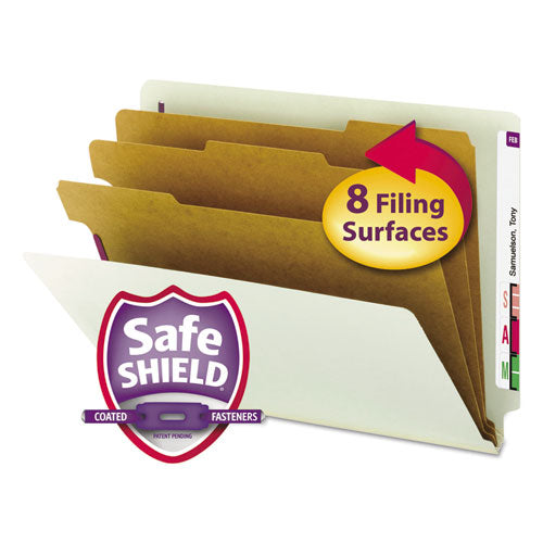 End Tab Pressboard Classification Folders With Safeshield Coated Fasteners, 3 Dividers, Letter Size, Gray-green, 10-box