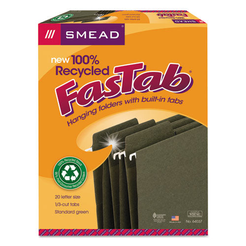 Fastab Hanging Folders, Letter Size, 1-3-cut Tab, Standard Green, 20-box