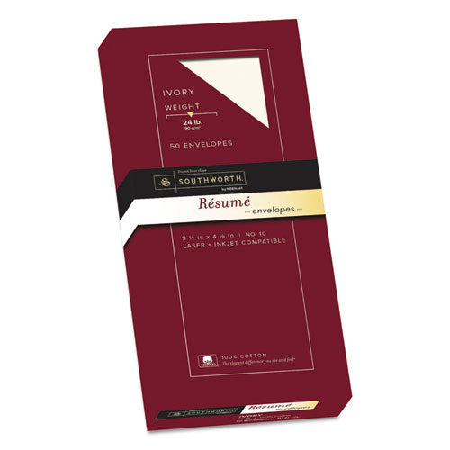 100% Cotton Resume Envelope, #10, Commercial Flap, Gummed Closure, 4.13 X 9.5, White, 50-box