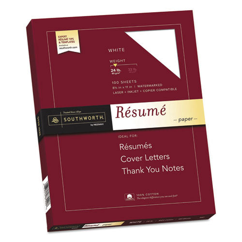 100% Cotton Resume Paper, 95 Bright, 24 Lb, 8.5 X 11, White, 100-pack