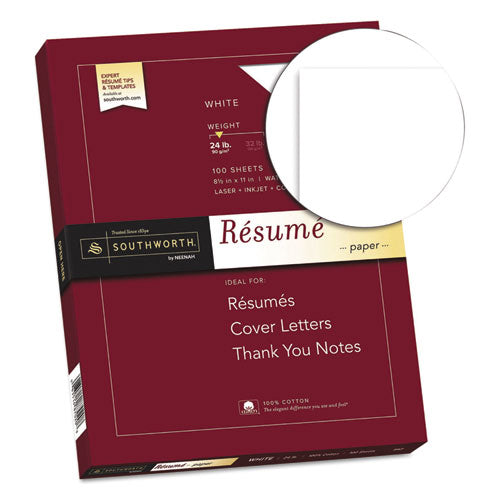 100% Cotton Resume Paper, 95 Bright, 24 Lb, 8.5 X 11, White, 100-pack