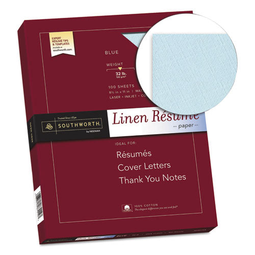 100% Cotton Premium Weight Linen Resume Paper, 32 Lb, 8.5 X 11, Blue, 100-pack