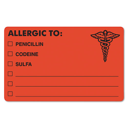 Allergy Warning Labels, Allergic To: Penicilln, Codeine, Sulfa, 2.5 X 4, Fluorescent Red, 100-roll