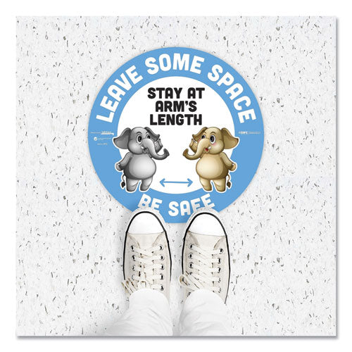 Besafe Messaging Education Floor Signs, Leave Some Space; Stay At Arms Length; Be Safe, 12" Dia, White-blue, 6-pack