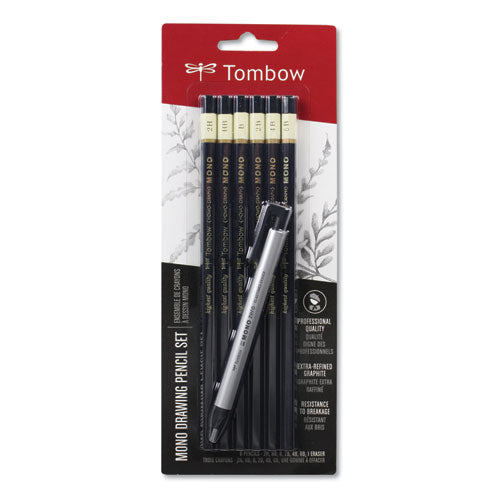 Drawing Pencil Set With Eraser, 2 Mm, Assorted Lead Hardness Ratings, Black Lead, Black Barrel, 6-pack