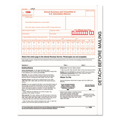 1096 Summary Transmittal Tax Forms, 2-part Carbonless, 8 X 11, 10 Forms