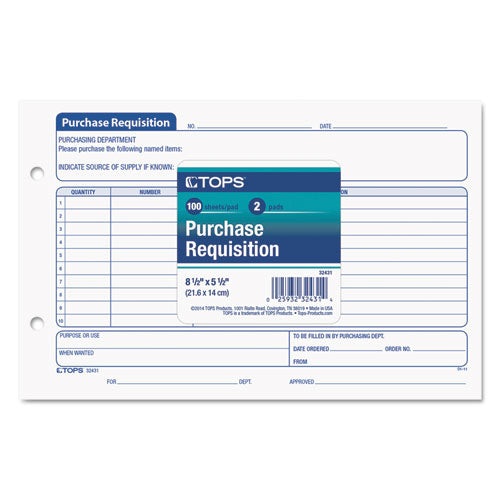 Purchasing Requisition Pad, 5 1-2 X 8 1-2, 100-pad, 2-pack