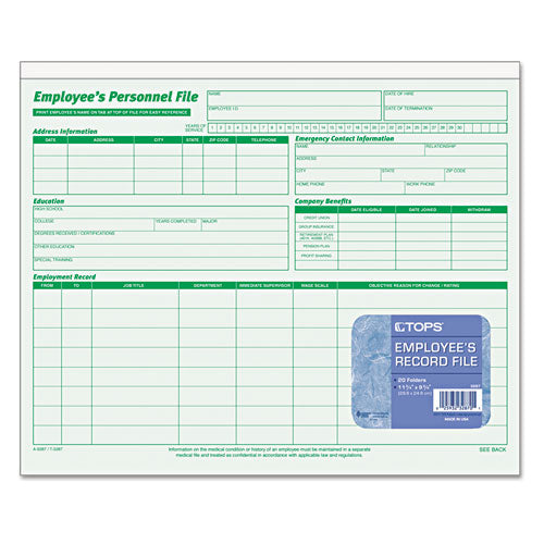 Employee's Record File Folders, Straight Tab, Letter Size, Green, 20-pack