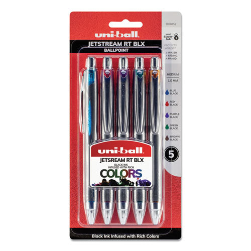Jetstream Retractable Ballpoint Pen, 1mm, Assorted Ink, Black Barrel, 5-pack