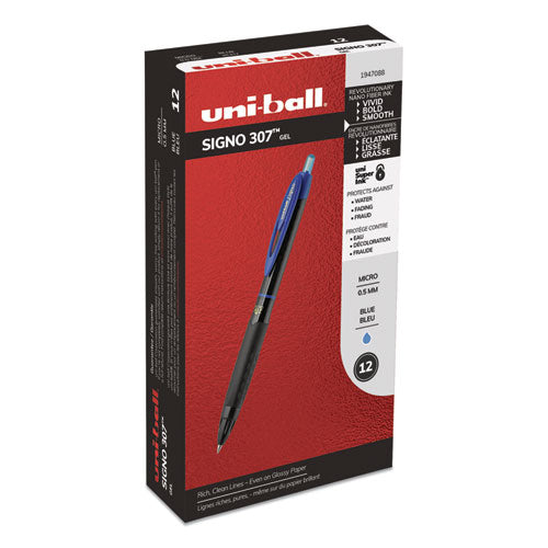 307 Retractable Gel Pen, Micro 0.5 Mm, Blue Ink, Black Barrel, Dozen