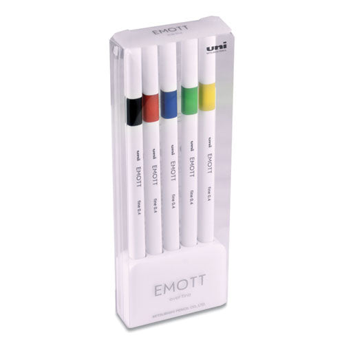 Emott Porous Point Pens, Fine 0.4 Mm, Assorted Ink, White Barrel, 5-pack