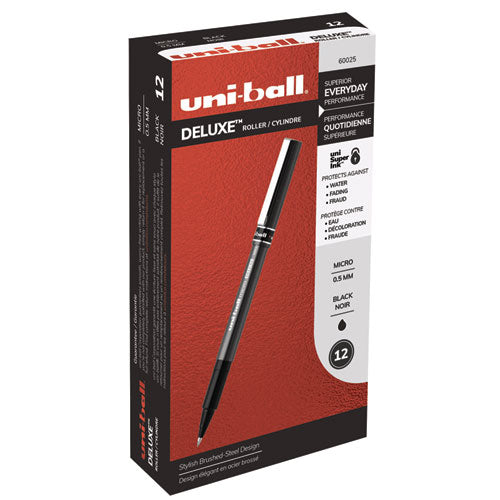 Deluxe Stick Roller Ball Pen, Micro 0.5mm, Black Ink, Metallic Gray Barrel, Dozen