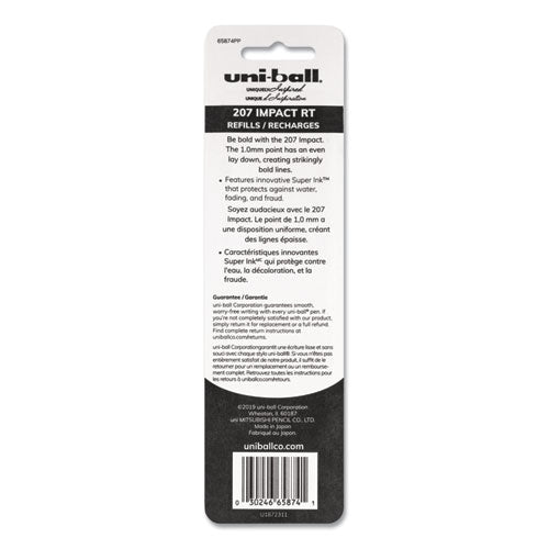 Refill For Uni-ball Gel 207 Impact Rt Roller Ball Pens, Bold Point, Blue Ink, 2-pack