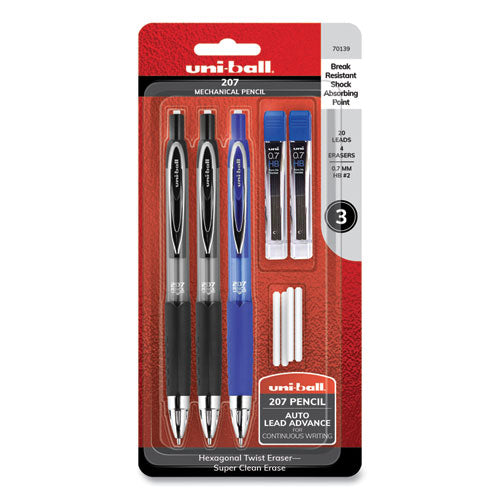 207 Mechanical Pencil With Lead And Eraser Refills, 0.7 Mm, Hb (#2), Black Lead, Assorted Barrel Colors, 3-set