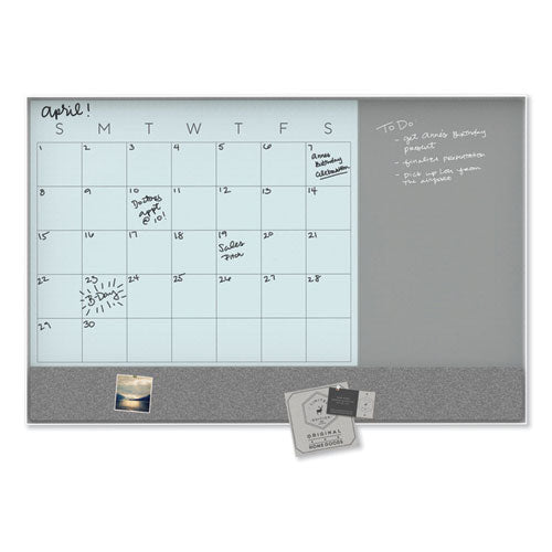 3n1 Magnetic Glass Dry Erase Combo Board, 36 X 24, Month View, White Surface And Frame