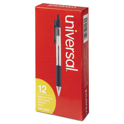 Comfort Grip Retractable Ballpoint Pen, 1mm, Black Ink, Clear Barrel, Dozen