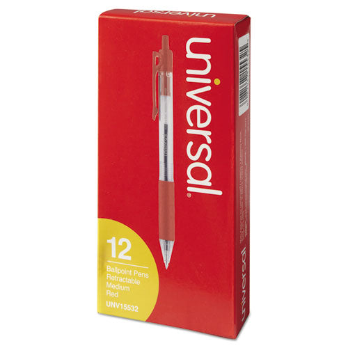 Comfort Grip Retractable Ballpoint Pen, Medium 1mm, Red Ink, Clear Barrel, Dozen