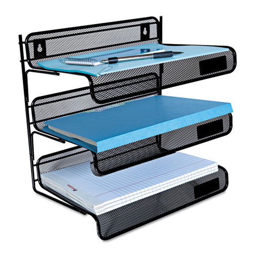 Deluxe Mesh Three-tier Desk Shelf, 3 Sections, Letter Size Files, 13.25" X 9.25" X 12.38", Black