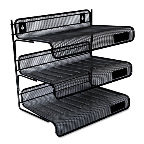 Deluxe Mesh Three-tier Desk Shelf, 3 Sections, Letter Size Files, 13.25" X 9.25" X 12.38", Black