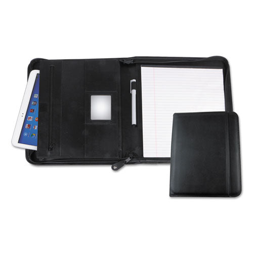 Leather Textured Zippered Padfolio With Tablet Pocket, 10 3-4 X 13 1-8, Black