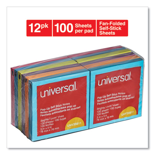 Fan-folded Self-stick Pop-up Note Pads, 3 X 3, Assorted Bright, 100-sheet, 12-pk