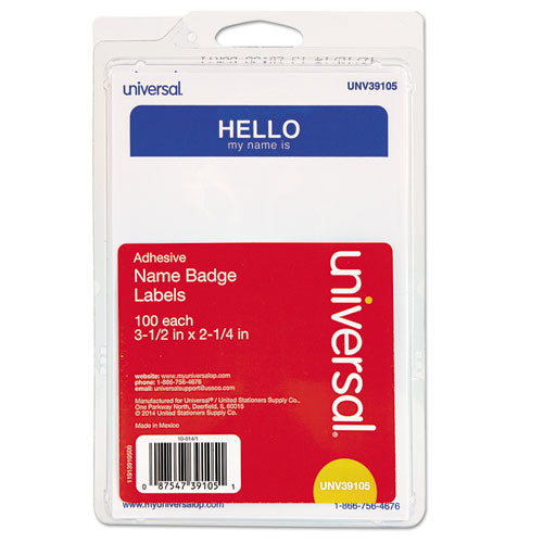 "hello" Self-adhesive Name Badges, 3 1-2 X 2 1-4, White-blue, 100-pack