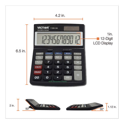 1180-3a Antimicrobial Desktop Calculator, 12-digit Lcd