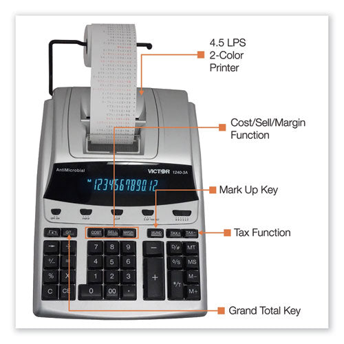 1240-3a Antimicrobial Printing Calculator, Black-red Print, 4.5 Lines-sec