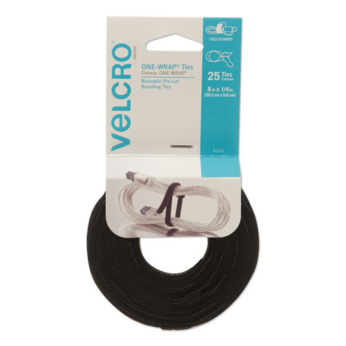 One-wrap Pre-cut Thin Ties, 0.25" X 8", Black, 25-pack