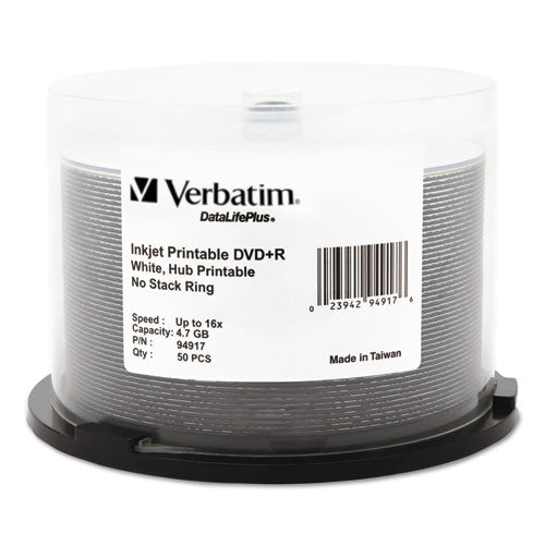 Inkjet Printable Dvd+r Discs, 4.7gb, 16x, Spindle, White, 50-pack