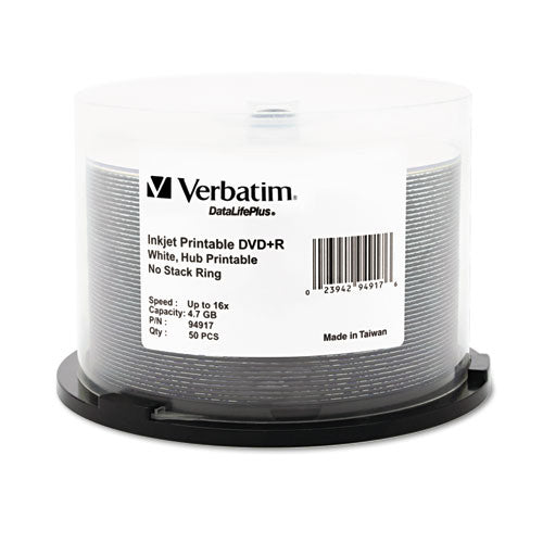 Inkjet Printable Dvd+r Discs, White, 50-pack
