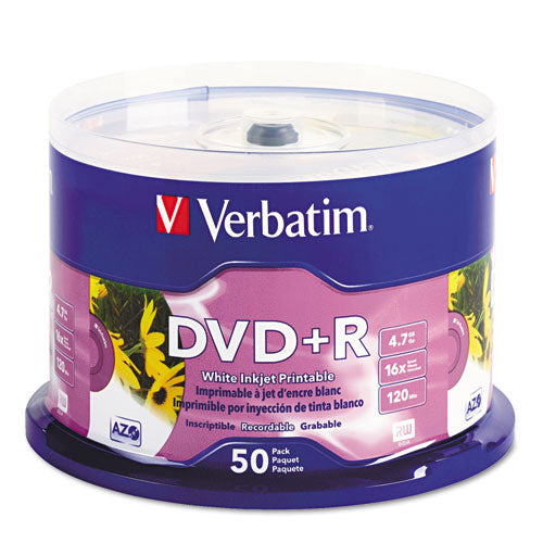 Inkjet Printable Dvd+r Discs, White, 50-pack