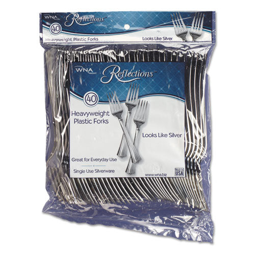 Reflections Heavyweight Plastic Utensils, Fork, Silver, 7", 40-pack