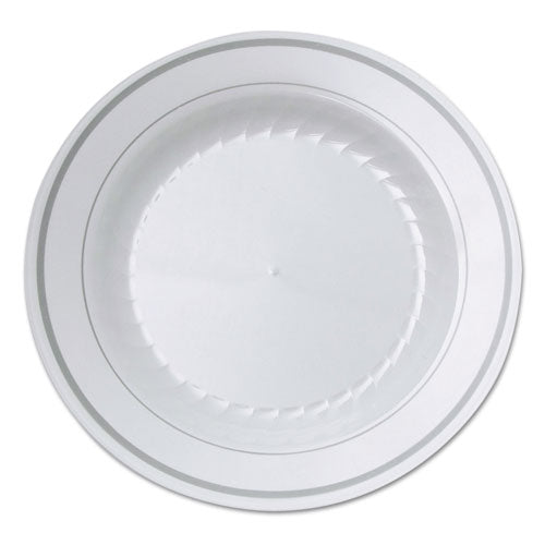 Masterpiece Plastic Plates, 10.25 In, White W-silver Accents, Round, 120-carton