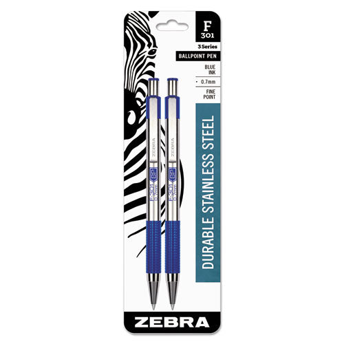 F-301 Retractable Ballpoint Pen, 0.7 Mm, Blue Ink, Stainless Steel-blue Barrel, 2-pack