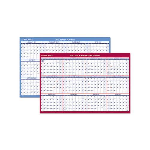 Horizontal Erasable Wall Planner, 36 X 24, Blue-white Ry, Red-white Ay, 2020-2021